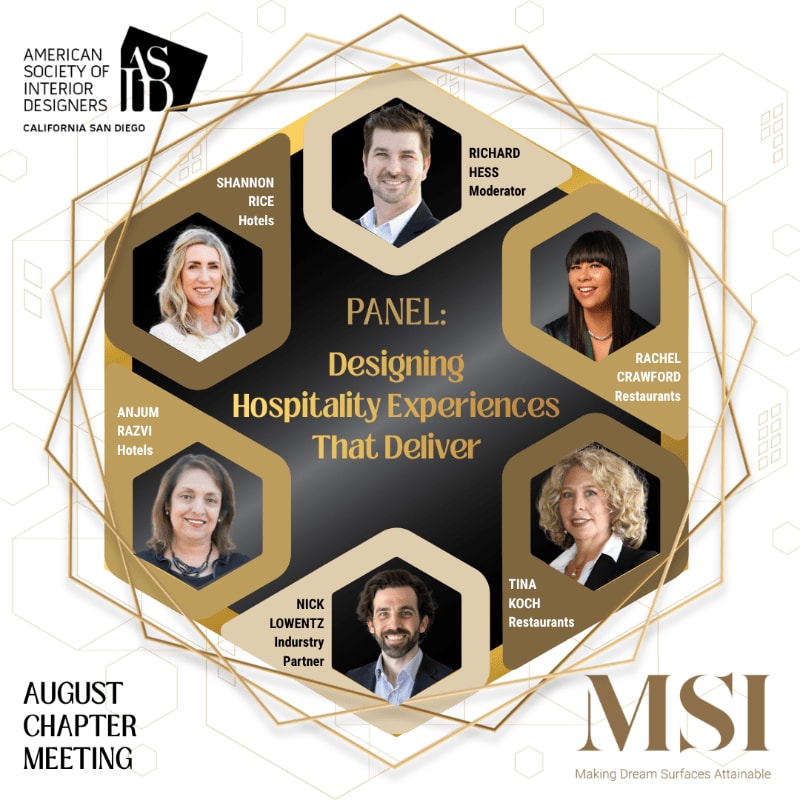 Six hexagonal portraits of panelists and a moderator are arranged around the title "PANEL: Designing Hospitality Experiences That Deliver" against a dark background with a geometric overlay, while the American Society of Interior Designers logo and event details are in the foreground.