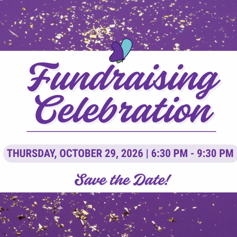 A purple background with gold confetti frames a white center announcing a "Fundraising Celebration" on Thursday, October 29, 2026, from 6:30 PM to 9:30 PM, with "Save the Date!" below.