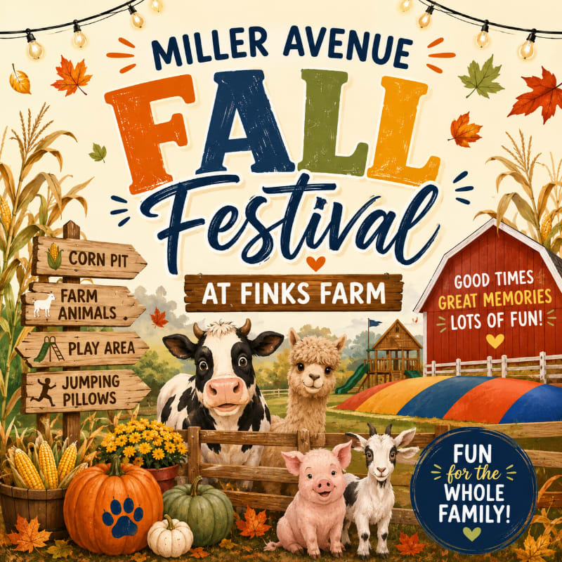 Cute farm animals like a cow, alpaca, pig, and goat pose in the foreground with pumpkins and fall decorations, while a colorful bouncy castle and barn are visible in the background of the Miller Avenue Fall Festival at Finks Farm.