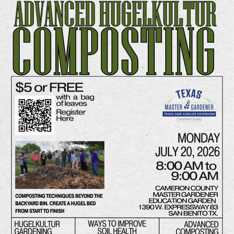 A flyer advertises an advanced hugelkultur composting workshop with a photo of people in a garden in the foreground and event details in the background.