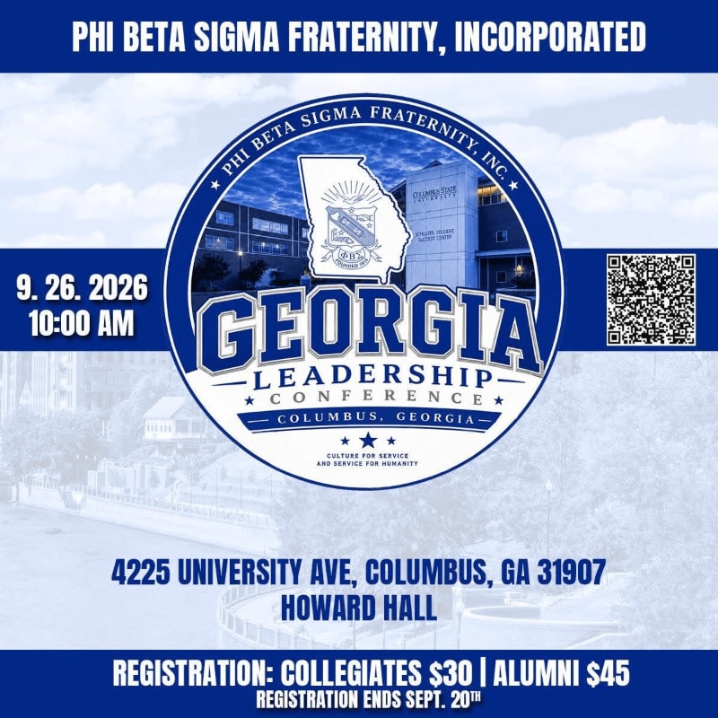A blue and white flyer announces the Phi Beta Sigma Fraternity, Inc. Georgia Leadership Conference on September 26, 2026, at Howard Hall in Columbus, Georgia, with a circular logo featuring a building and fraternity crest in the center, set against a cloudy sky background.