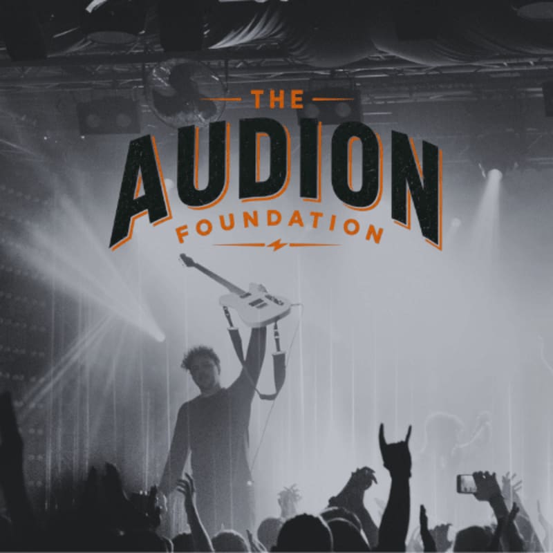 A guitarist holds up his instrument to a cheering crowd in front of a stage lit by spotlights, with "THE AUDION FOUNDATION" logo prominently displayed above.