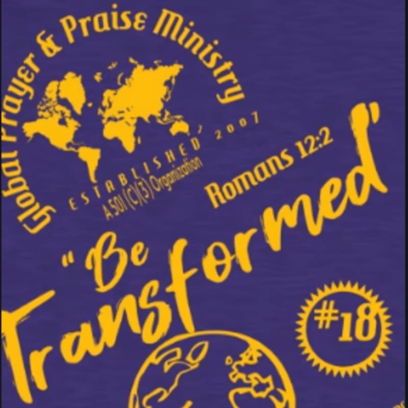 A purple background features yellow text and graphics, including a world map and the phrase "Be Transformed."