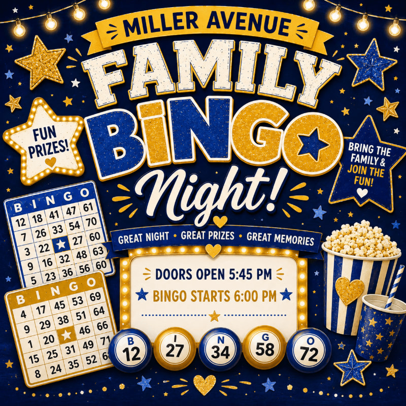 Two bingo cards and calling balls are in the foreground, while the background features a "Family Bingo Night" banner with stars and string lights.