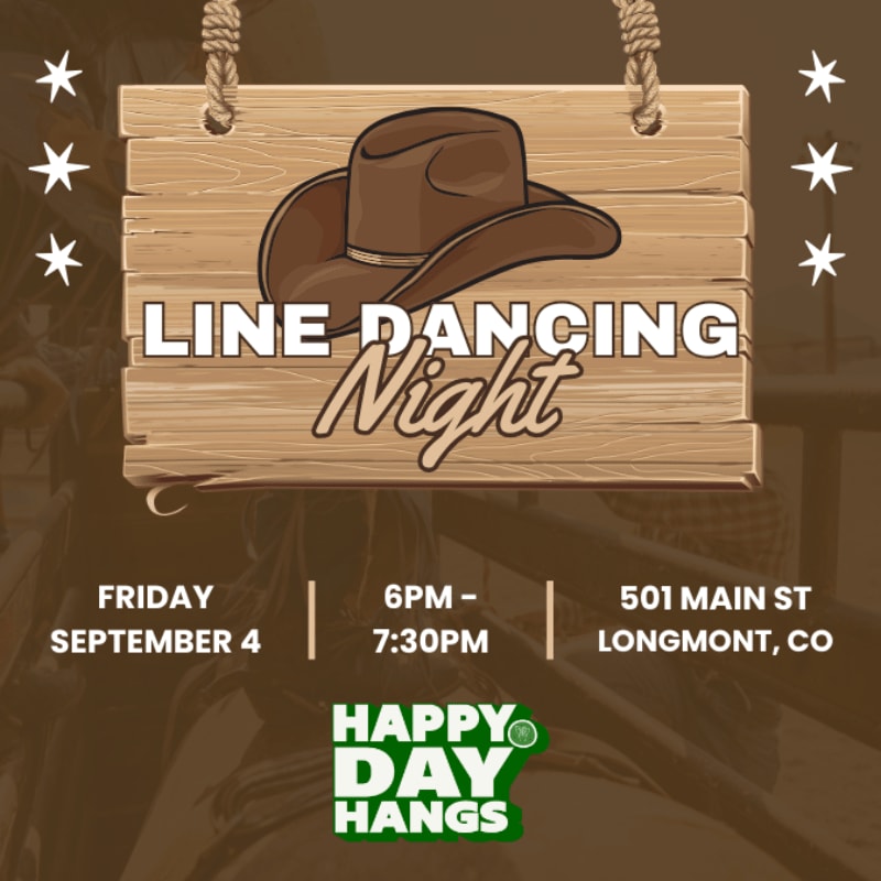 A rustic wooden sign with a cowboy hat announces "Line Dancing Night" on September 4th from 6-7:30 PM at 501 Main St, Longmont, CO, with a blurred background of people.