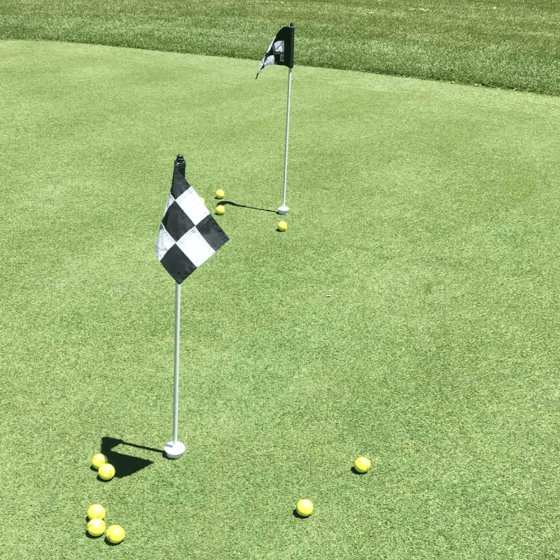Several yellow golf balls are scattered on a green putting surface in the foreground, with two checkered flags marking holes in the background.