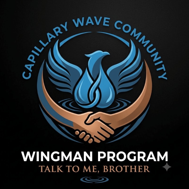 Two hands shake in the foreground, framing a blue phoenix with outstretched wings against a dark background with the words "CAPILLARY WAVE COMMUNITY" and "WINGMAN PROGRAM TALK TO ME, BROTHER" above and below.
