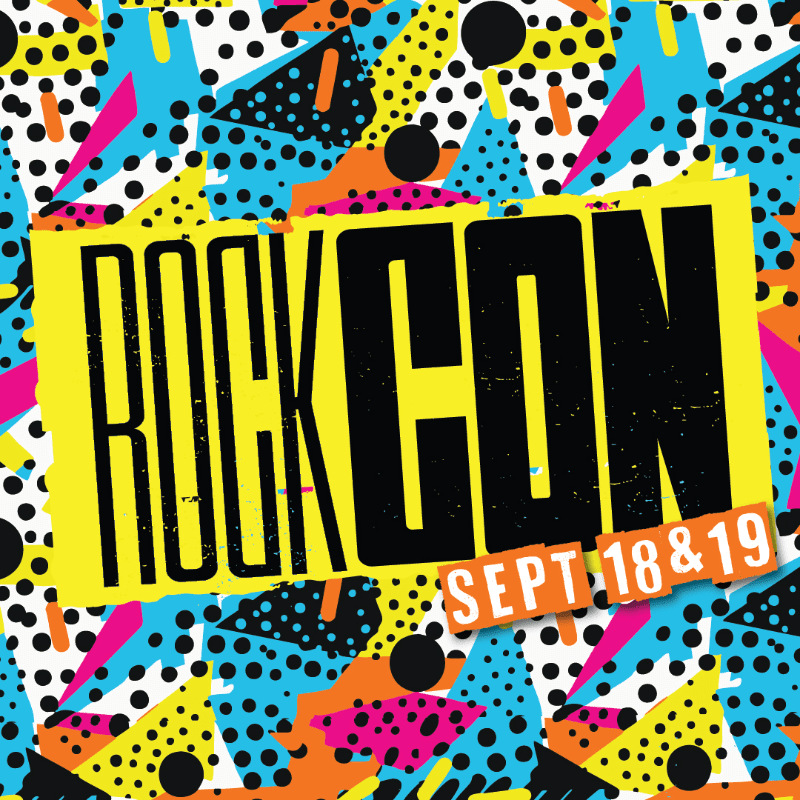 Bold black text spelling "ROCK CON" on a bright yellow banner overlays a chaotic, colorful background of abstract shapes and polka dots.