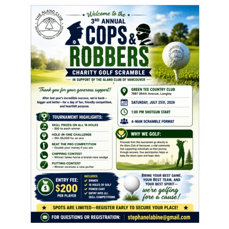 A golf tournament flyer with a golf ball on a tee in the foreground and a blurred green landscape in the background.