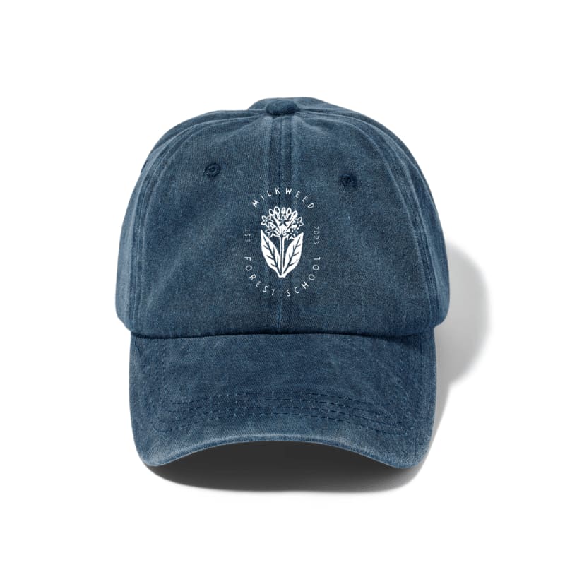 A dark blue baseball cap with a white embroidered logo is centered on a plain white background.