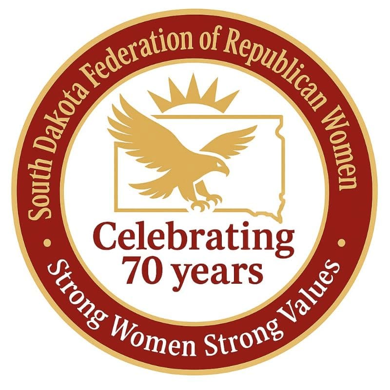 A golden eagle is depicted in front of a silhouette of South Dakota, with the text "Celebrating 70 years" below it, all within a circular emblem that reads "South Dakota Federation of Republican Women Strong Women Strong Values."
