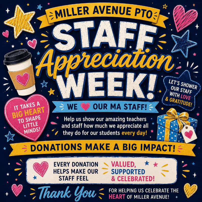 A colorful graphic celebrating "Staff Appreciation Week" with a coffee cup, hearts, stars, and gift box in the foreground against a dark blue background with text.