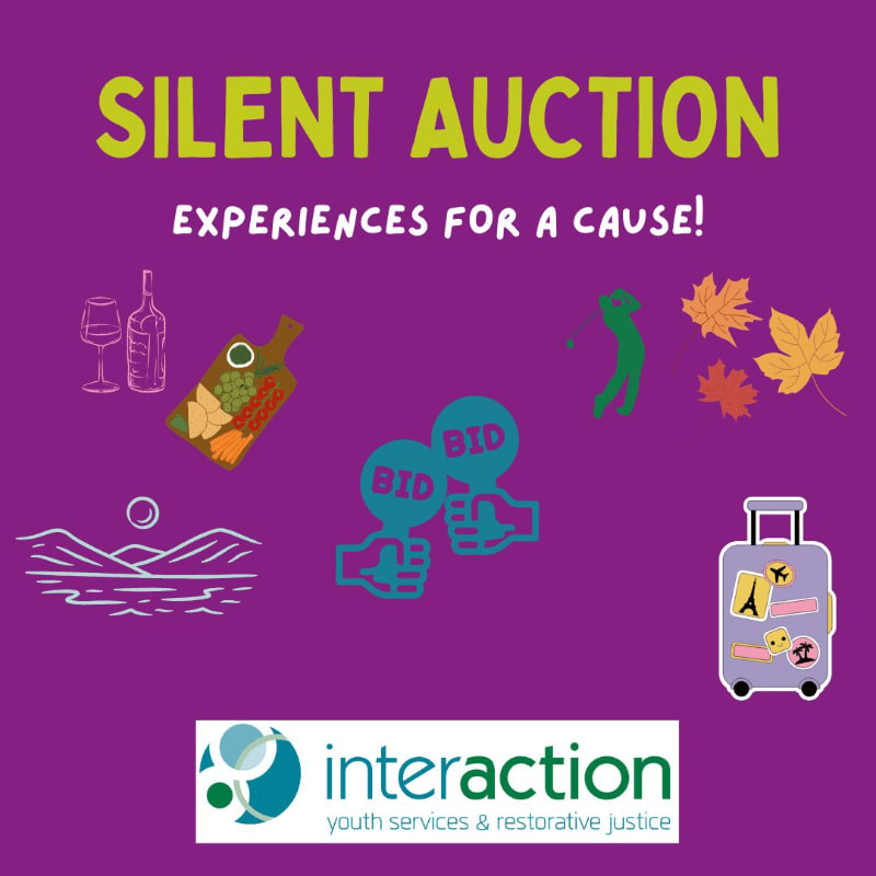 Purple background with "SILENT AUCTION EXPERIENCES FOR A CAUSE!" at the top, and various icons representing auction items like wine glasses, a cheese board, a golf club, autumn leaves, a landscape, two "BID" balloons, and a suitcase in the middle, with the "interaction youth services & restorative justice" logo at the bottom.