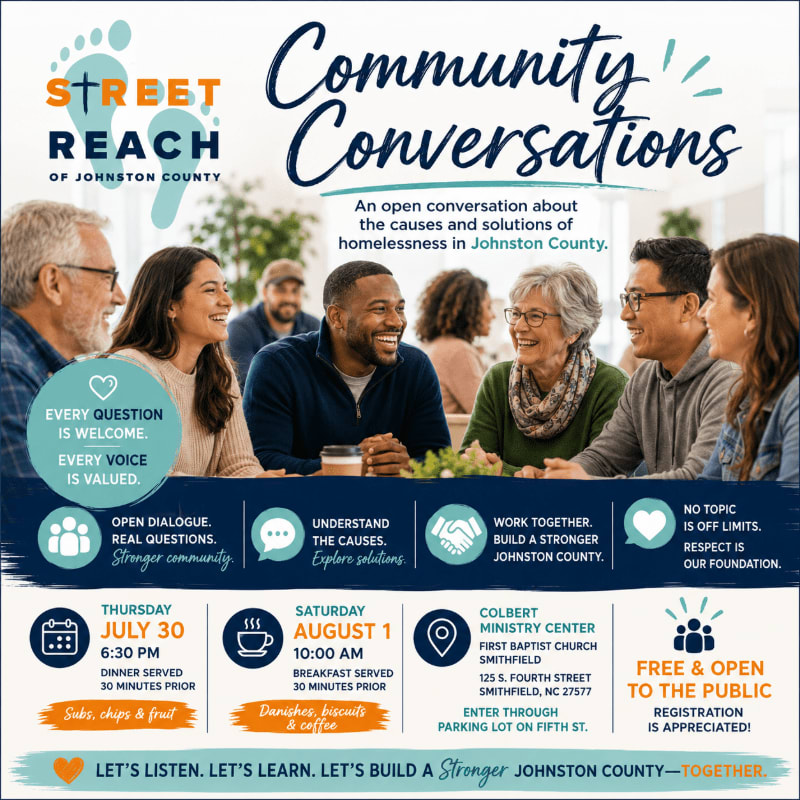 A diverse group of people are smiling and engaged in conversation in the foreground, while the background features event details for "Community Conversations" about homelessness in Johnston County.