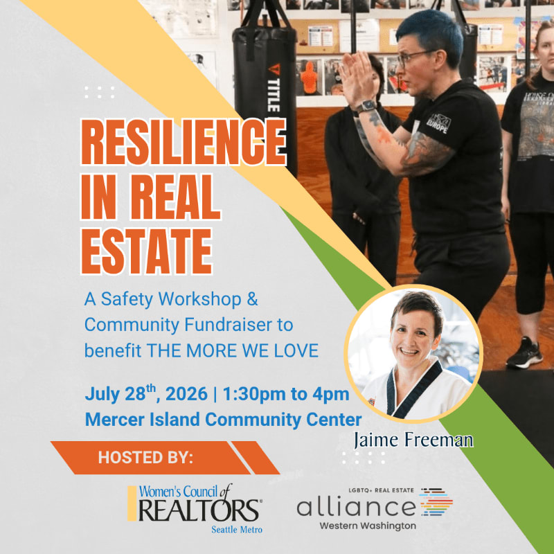 A flyer for a "Resilience in Real Estate" workshop and fundraiser is overlaid on a photo of people in a martial arts studio, with a portrait of Jaime Freeman in the foreground.