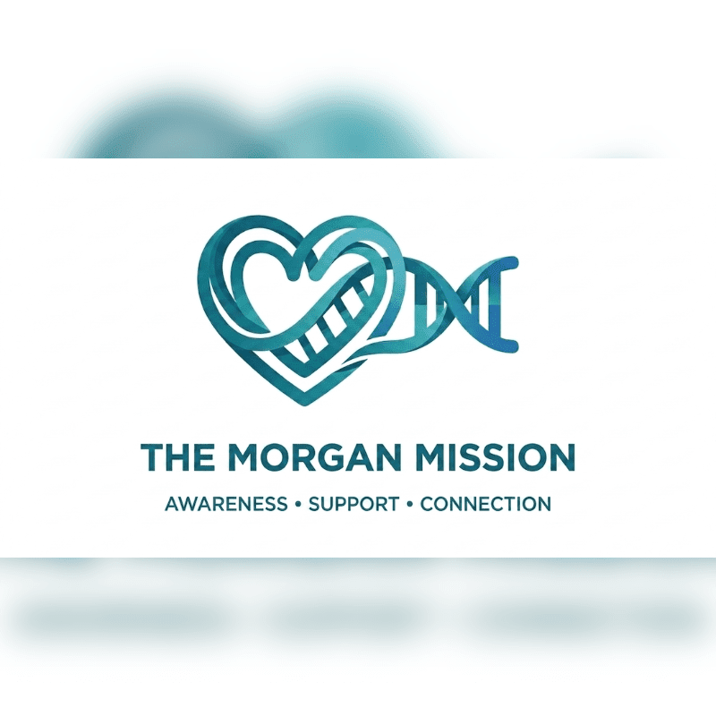 A teal heart intertwined with a DNA strand is centered above the text "THE MORGAN MISSION" and "AWARENESS • SUPPORT • CONNECTION" on a white background with a blurred teal gradient at the top and bottom.