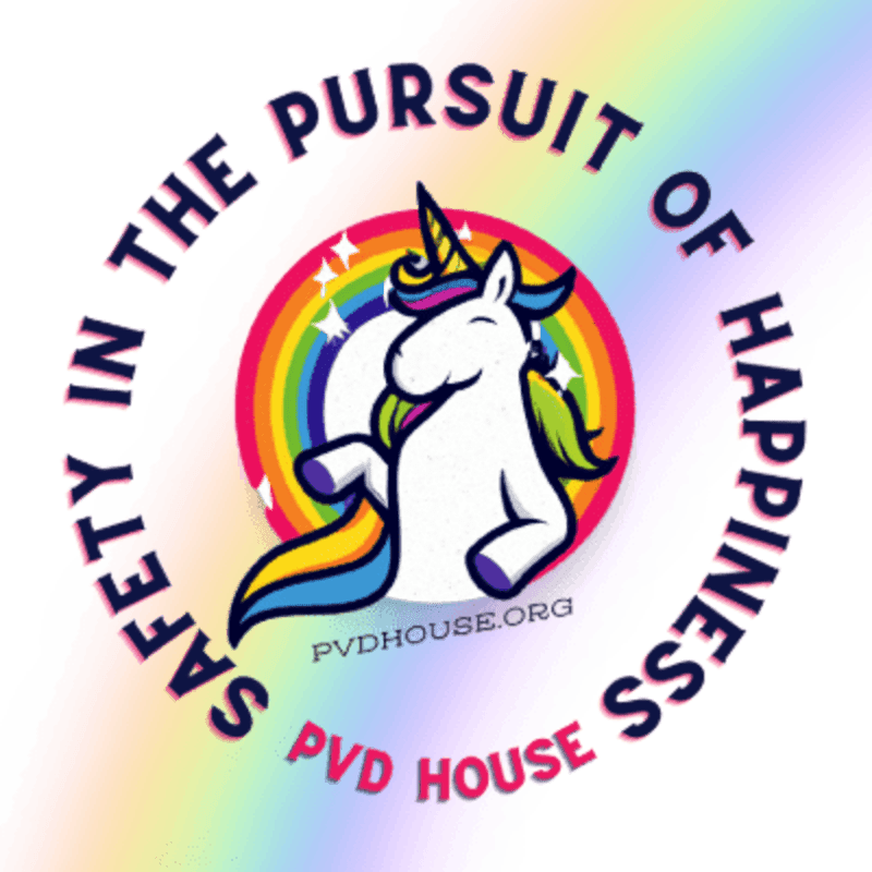 A cartoon unicorn with a rainbow mane and tail is featured in the foreground, set against a circular rainbow background with text around it.