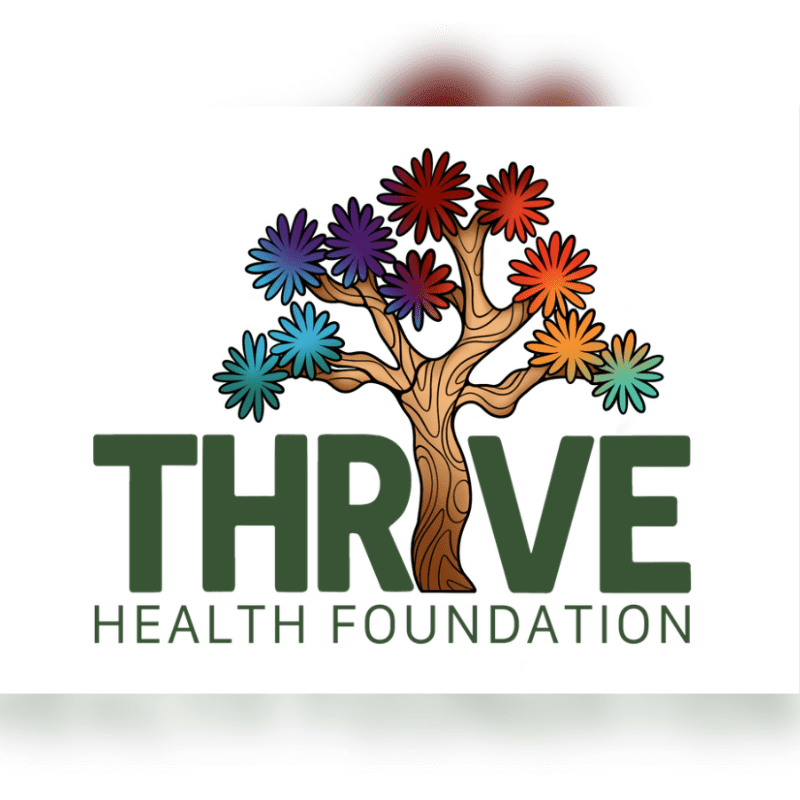 A colorful, stylized tree with vibrant blossoms stands above the words "THRIVE HEALTH FOUNDATION" on a white background.