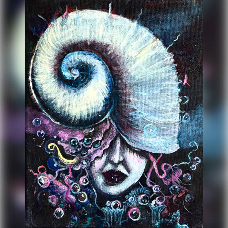 A surreal portrait features a woman's face emerging from a large, spiraling shell, surrounded by abstract, bubbly forms against a dark, textured background.