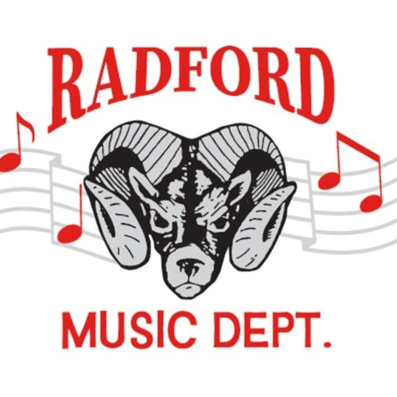 A fierce ram's head is centered on a musical staff with red notes, framed by "RADFORD" above and "MUSIC DEPT." below.