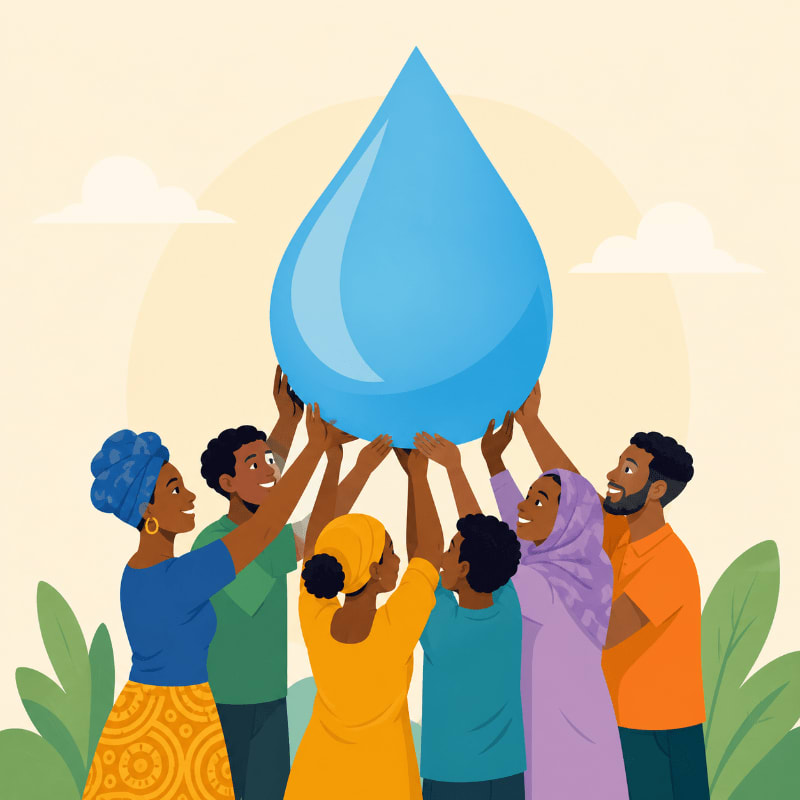 A diverse group of people in the foreground hold up a giant blue water droplet against a soft yellow background with stylized clouds and greenery.