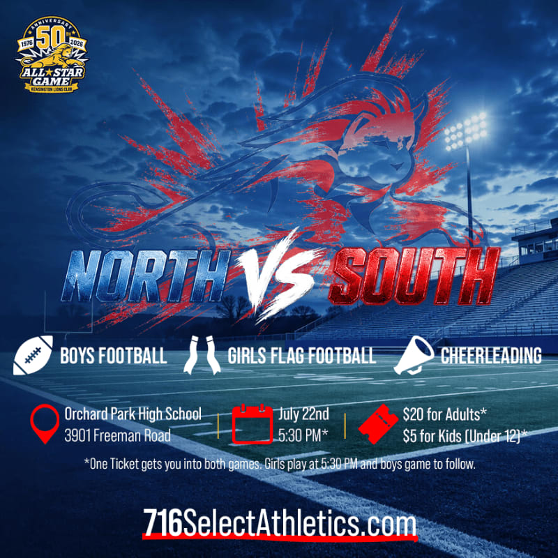 A graphic advertises a "North vs South" All-Star Game featuring boys football, girls flag football, and cheerleading at Orchard Park High School on July 22nd, with a stylized lion graphic and stadium lights in the background.