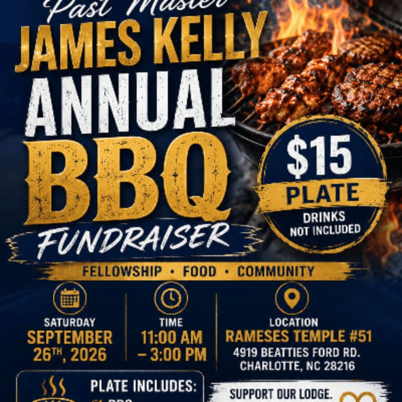 A flyer for James Kelly's Annual BBQ Fundraiser features grilled meat in the background and event details in the foreground.