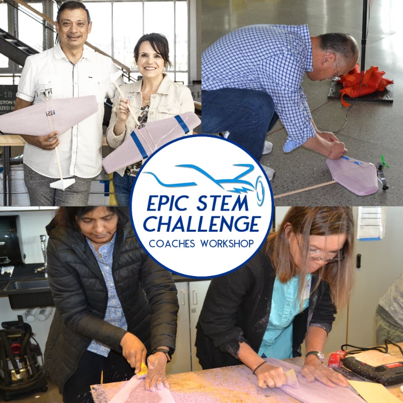 In the foreground, people are working on STEM projects, while the background features a logo for "EPIC STEM CHALLENGE COACHES WORKSHOP."