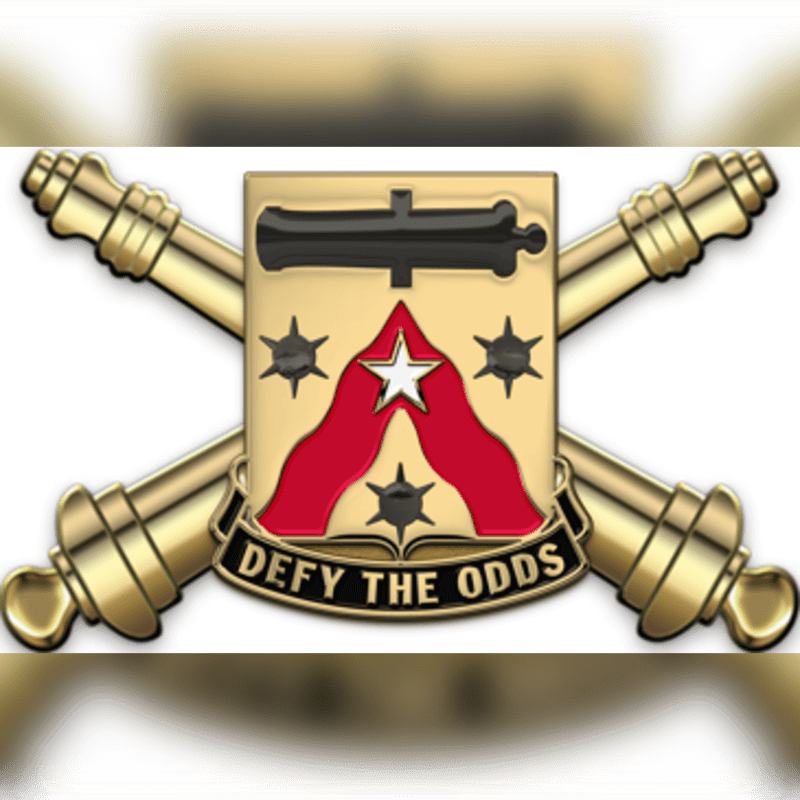 Two golden cannons are crossed behind a shield with a white star and red chevron, all set against a blurred white and gold background.