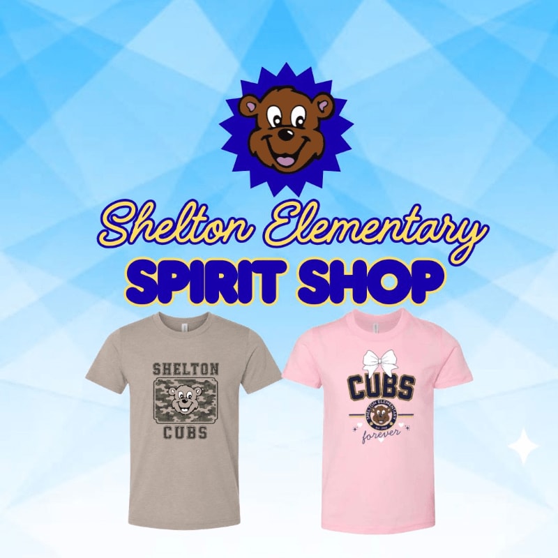 Two t-shirts, one tan with a camouflage skull and "Shelton Cubs" and the other pink with "Cubs forever" and a bow, are displayed in front of a blue, geometric background with a cartoon bear mascot at the top.