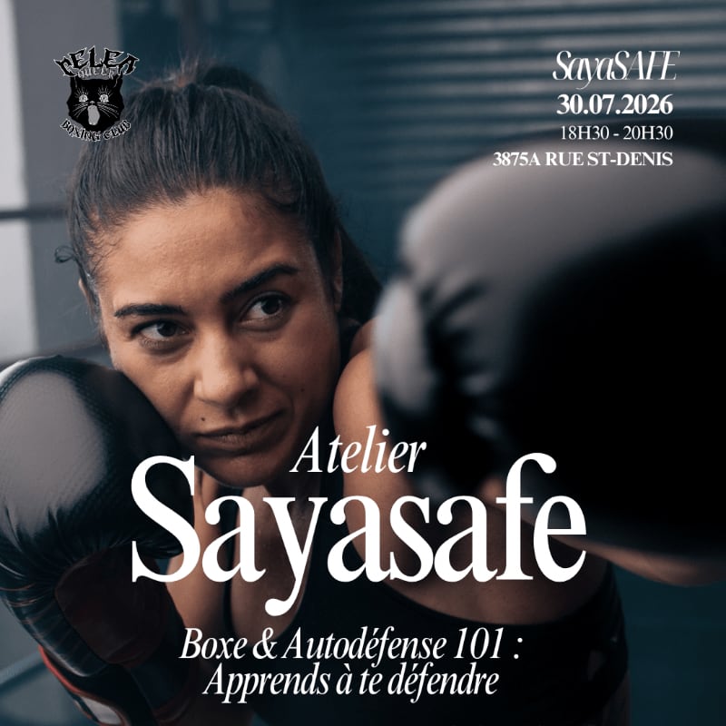 A woman in boxing gloves is in the foreground, with event details for "SayaSAFE" in the background.