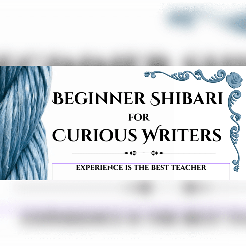 A close-up of blue rope is on the left, with the text "BEGINNER SHIBARI FOR CURIOUS WRITERS" and "EXPERIENCE IS THE BEST TEACHER" on a white background with decorative elements on the right.