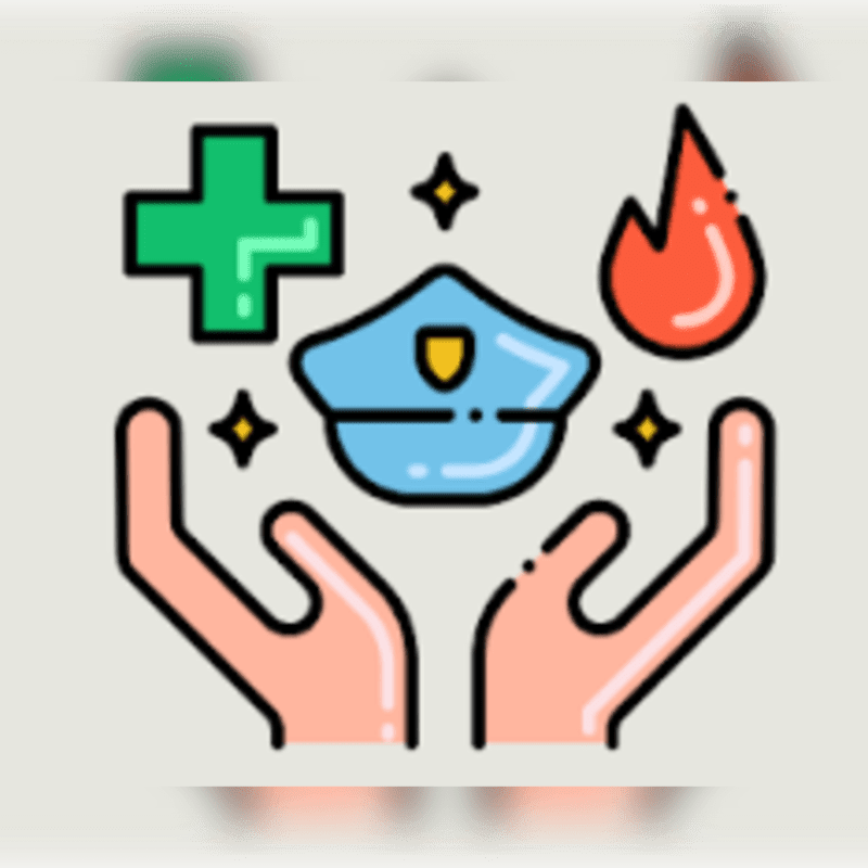 Two open hands in the foreground cradle a police cap, a green cross, and a flame, all against a light, speckled background.