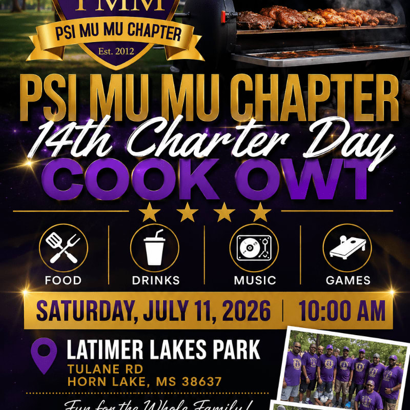 A flyer advertises the Psi Mu Mu Chapter's 14th Charter Day Cookout with icons for food, drinks, music, and games in the foreground, and a background featuring a grill laden with food and a photo of a group of men.