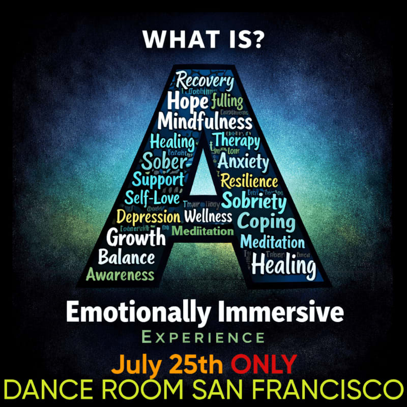 A large letter "A" filled with words related to mental health and recovery stands out against a dark, textured background, with event details at the bottom.