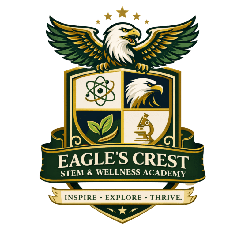 A proud eagle perches above a crest featuring science and nature symbols, with the academy's name and motto displayed below on a white background.