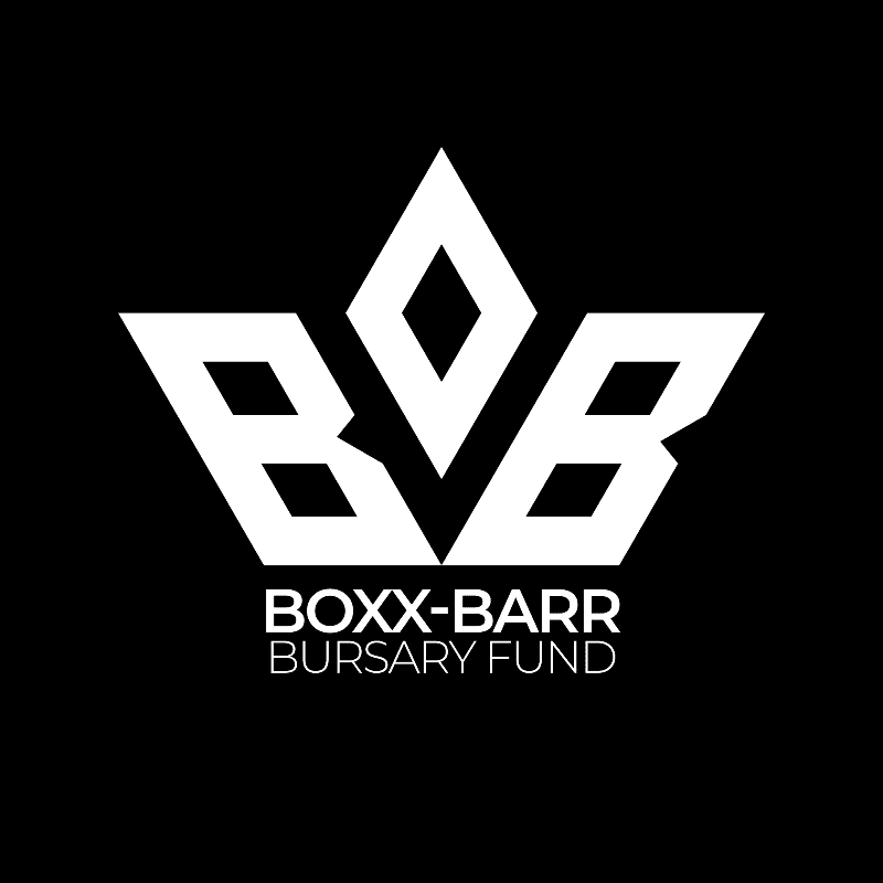 A white logo with the letters "BOXX-BARR" and "BURSARY FUND" is centered on a black background.