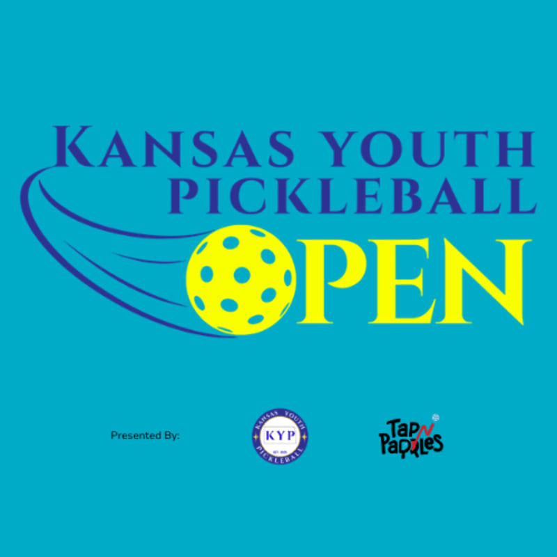 A yellow pickleball with blue dots streaks across a turquoise background with the words "KANSAS YOUTH PICKLEBALL OPEN" in large blue and yellow letters, while "Presented By:" and logos for "KYP" and "Tap Paddies" appear in the lower foreground.
