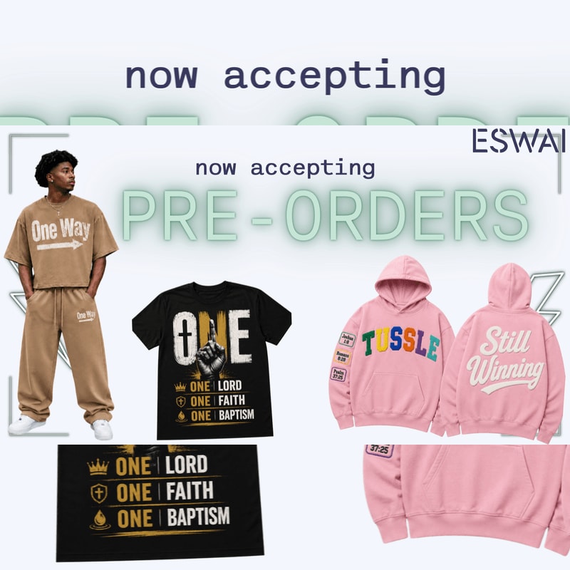 A man models a tan tracksuit in the foreground, while the background displays various apparel items and text announcing "now accepting PRE-ORDERS."