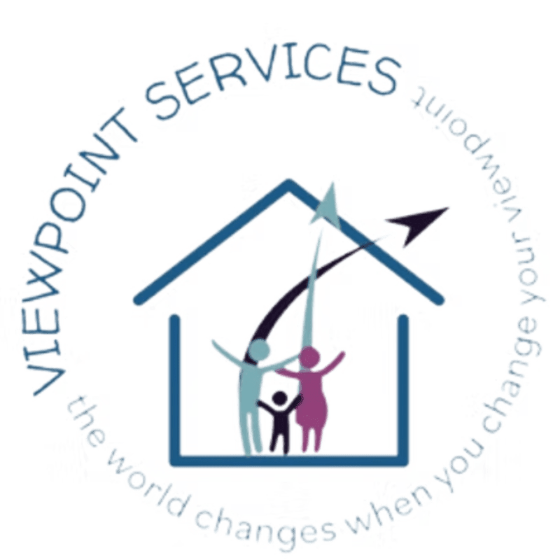 A stylized house with a family silhouette inside is framed by a circular text that reads "VIEWPOINT SERVICES the world changes when you change your viewpoint."