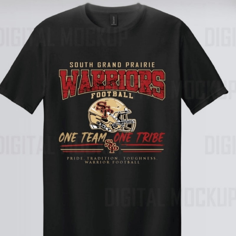 A black t-shirt with "South Grand Prairie Warriors Football" graphics and a football helmet is displayed against a white background with a watermark.