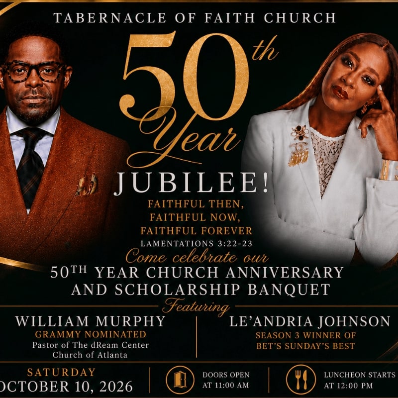 A man in a suit and a woman in a white jacket are featured in the foreground of a flyer announcing the Tabernacle of Faith Church's 50th Year Jubilee, a church anniversary and scholarship banquet.