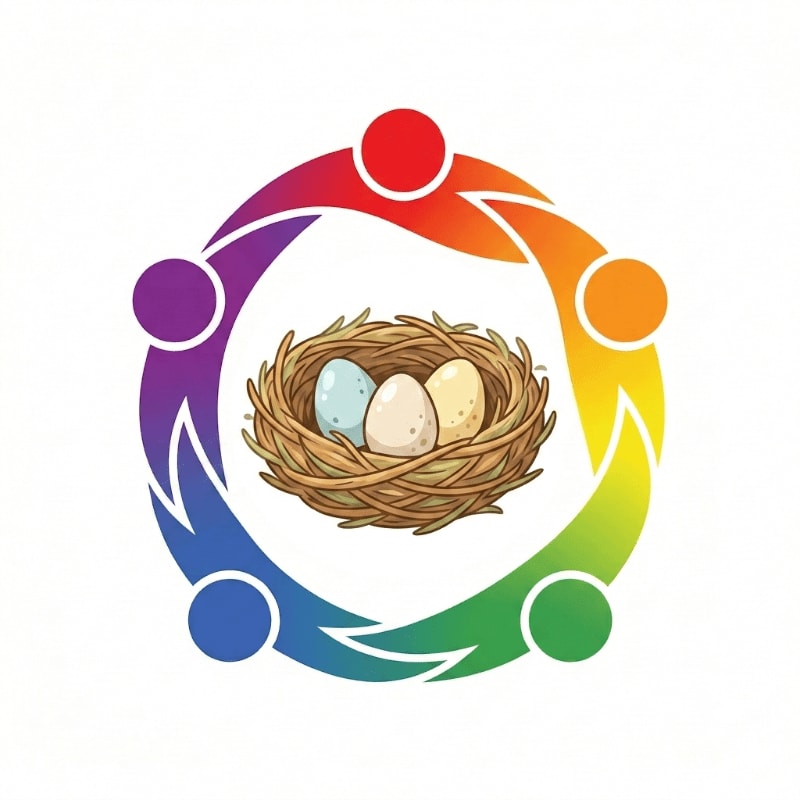 A bird's nest with three speckled eggs sits in the center of a colorful, circular arrangement of five stylized figures, all against a white background.