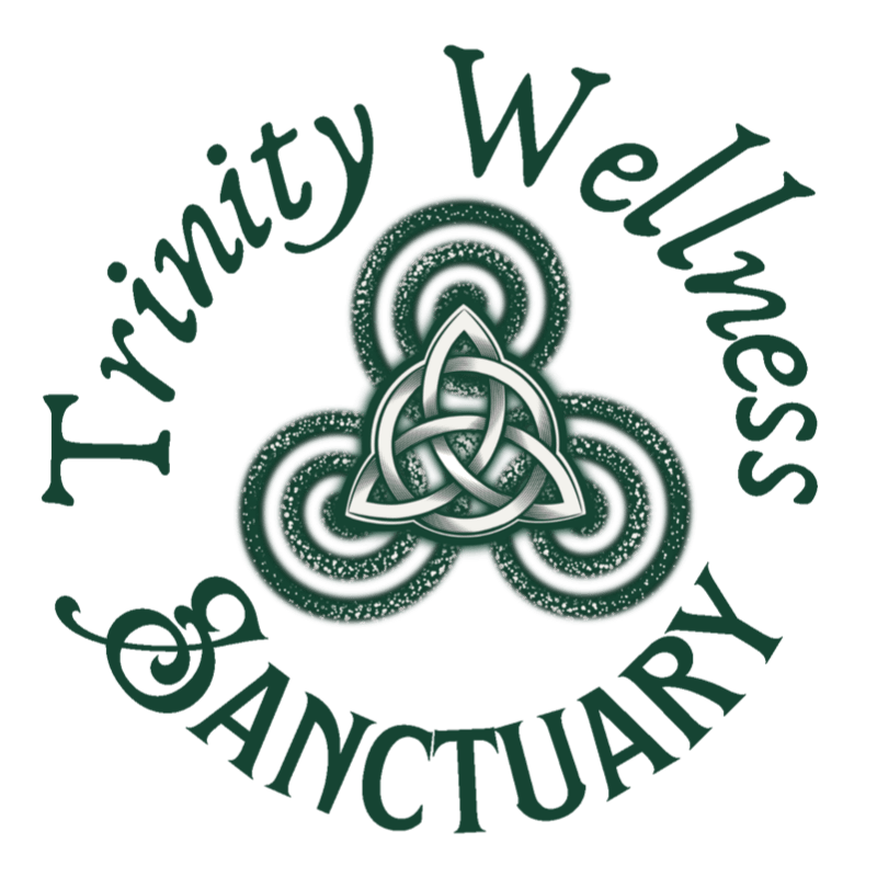 A Celtic knot design with swirling patterns and the words "Trinity Wellness Sanctuary" encircles a white background.