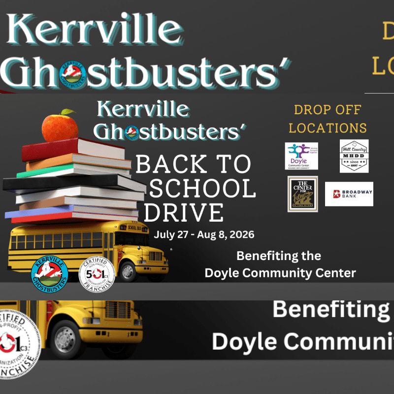 A stack of books and an apple sit atop a school bus in the foreground, while the background displays event details and logos for a "Back to School Drive" benefiting the Doyle Community Center.