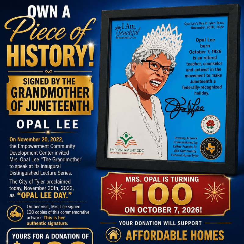 A framed portrait of Opal Lee, the "Grandmother of Juneteenth," is displayed in the foreground, with promotional text about her 100th birthday and a fundraising campaign for affordable homes in the background.