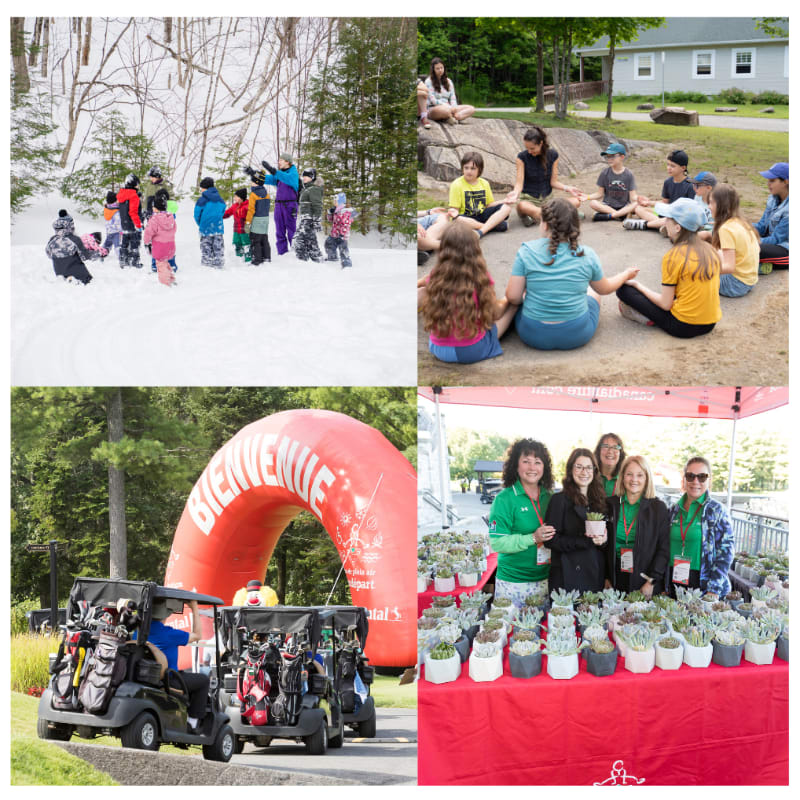 Children play in the snow in the top left, while a group sits in a circle in a sandy area in the top right, golf carts drive under an inflatable arch in the bottom left, and people stand behind a table of succulents in the bottom right.