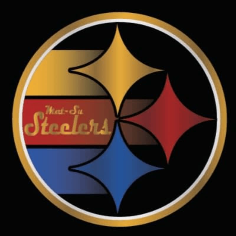 A circular logo with a gold border features the Pittsburgh Steelers' iconic star emblem in yellow, red, and blue, set against horizontal stripes of gold, maroon, and blue, with the words "Nat-Su Steelers" in script on a maroon stripe, all on a black background.