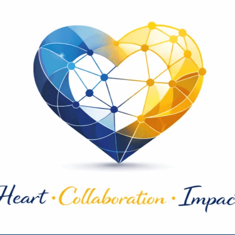 A stylized heart logo, divided into blue and yellow sections with a network of connecting dots, is displayed against a white background with the words "Heart • Collaboration • Impact" below.