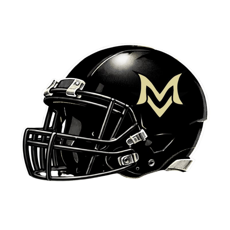 A black football helmet with a gold "M" logo is centered against a plain white background.
